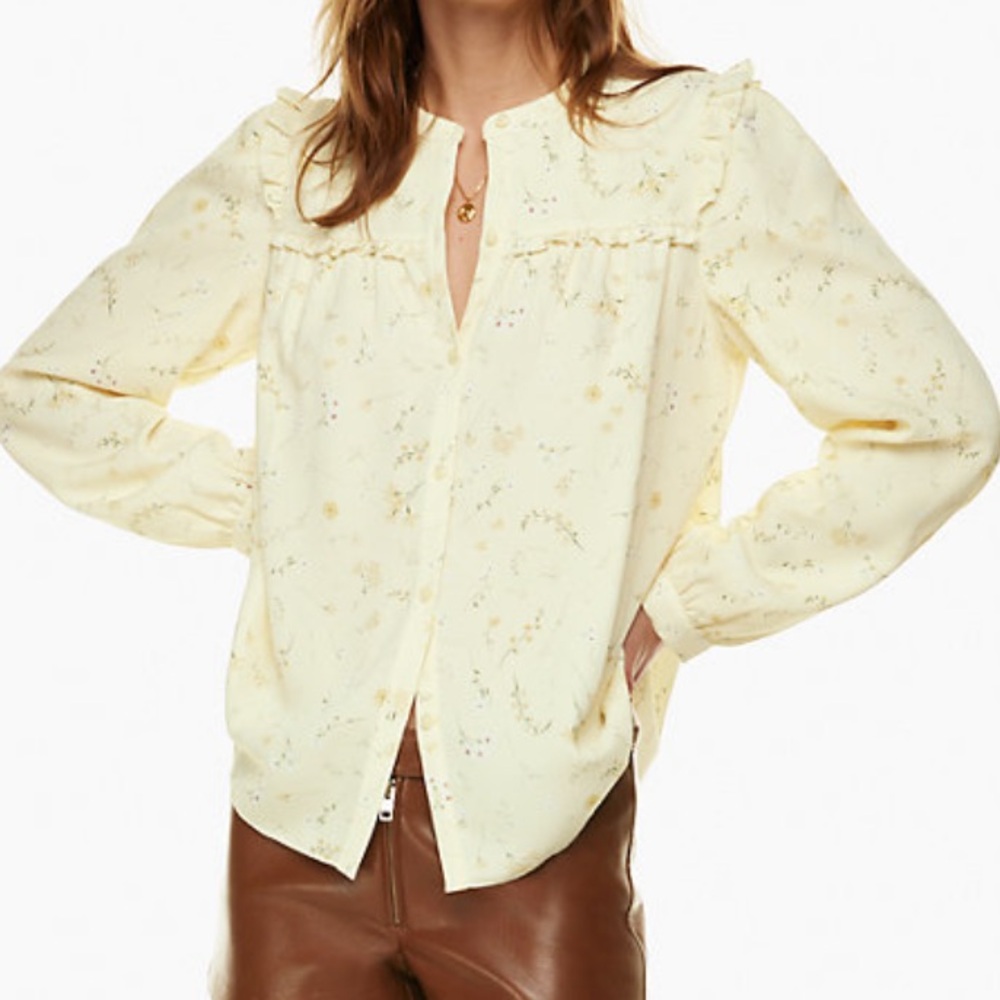 Aritzia Wilfred Nimbis Floral Print Button Down Top Ruffle Long Sleeve Yellow
